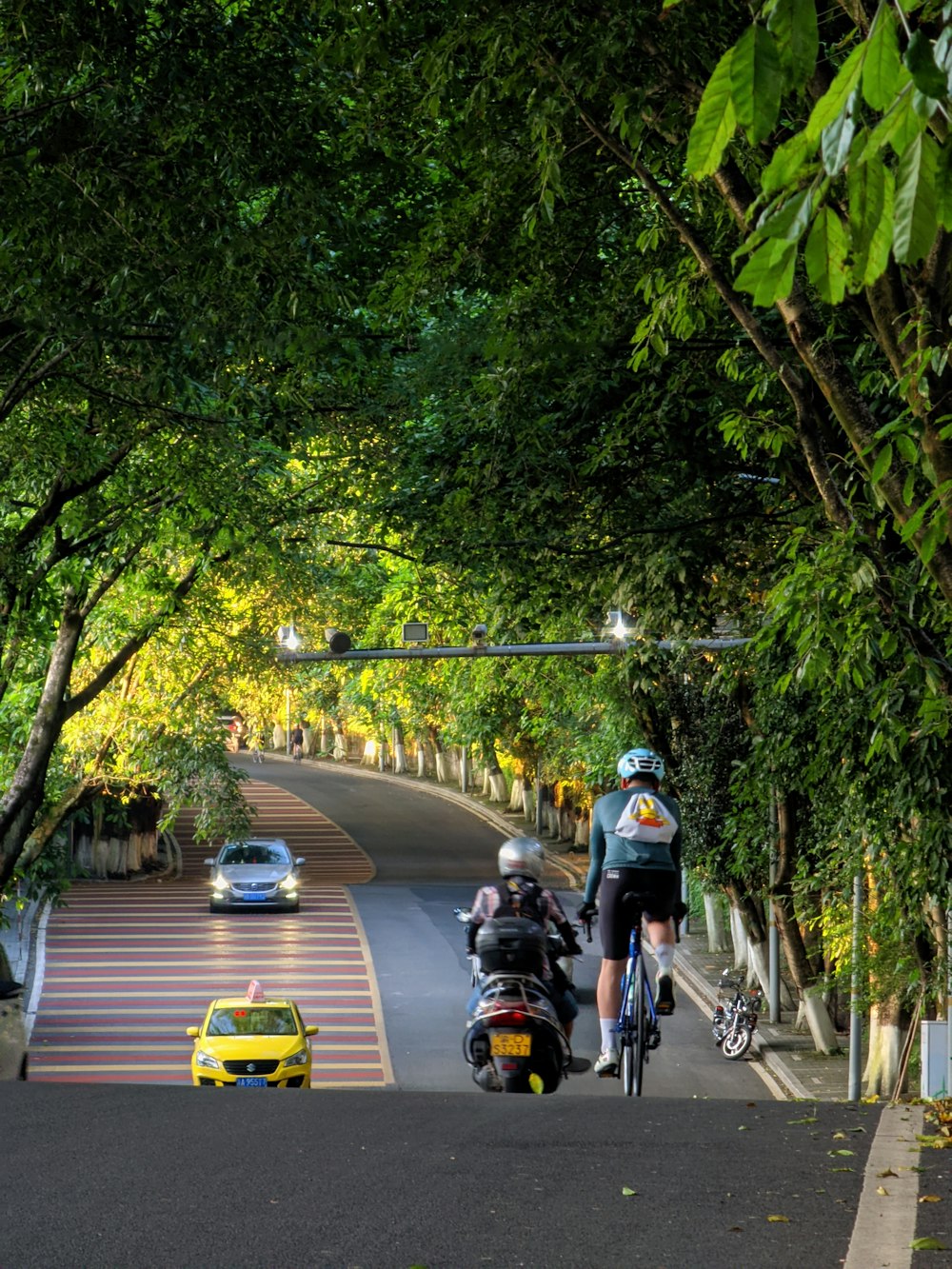 a couple of people riding bikes down a street