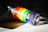 A vodka bottle with a colorful rainbow-striped design is lying on its side. The lighting highlights the vibrant colors of red, orange, yellow, green, blue, and purple. The bottle is placed on a textured surface with shadows casting around it.