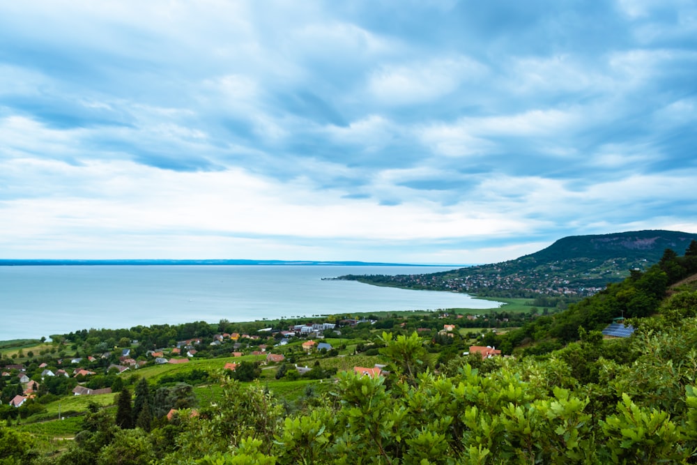 a scenic view of a body of water from a hill