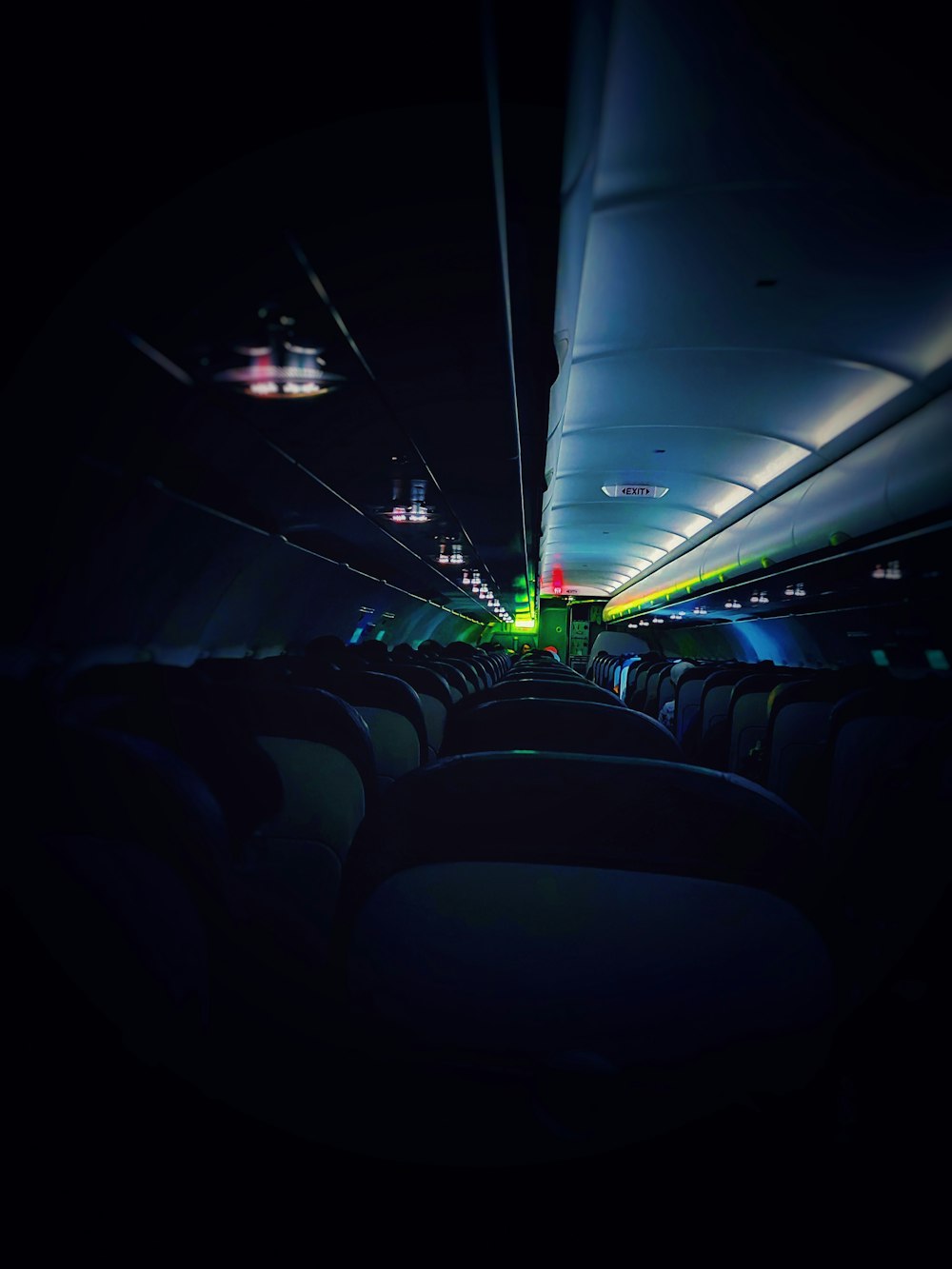 a view of the inside of an airplane at night