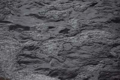 Dark water covered with numerous bubbles and foam formations scattered across the surface.