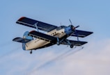 A vintage biplane in flight with a light beige fuselage and dark blue wings. The aircraft's registration is visible on the body, and it is flying against a clear blue sky.