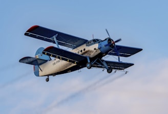 A vintage biplane in flight with a light beige fuselage and dark blue wings. The aircraft's registration is visible on the body, and it is flying against a clear blue sky.