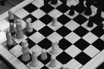 a black and white chess board with white pieces