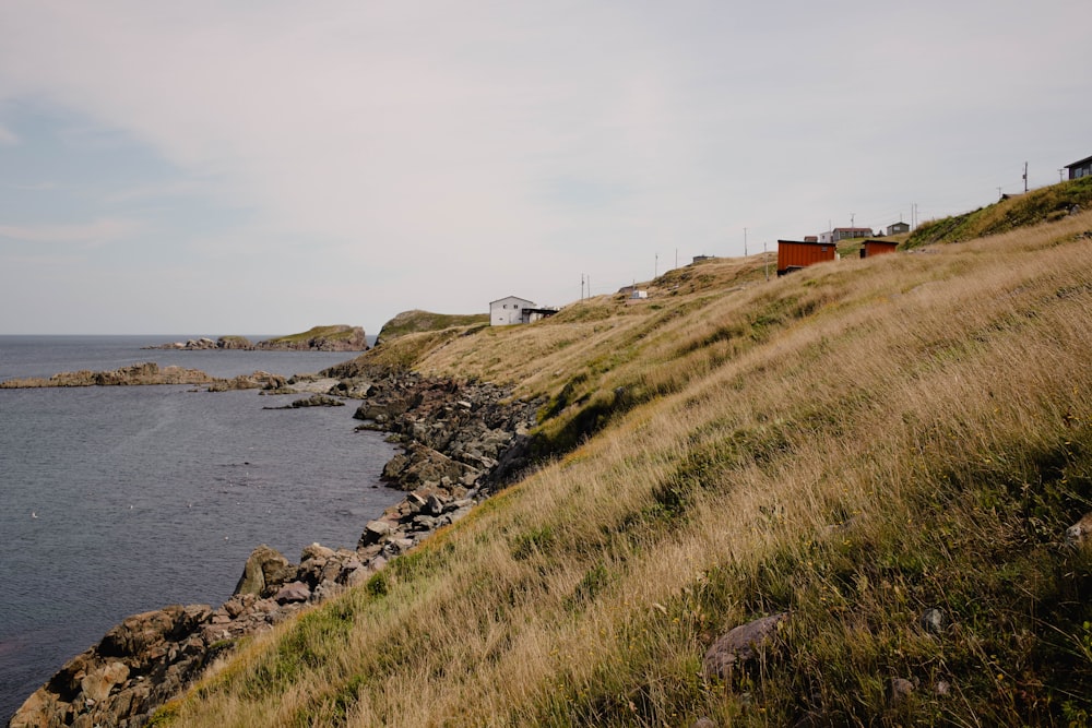 a grassy hill next to a body of water