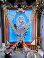 Navgraha Yantra with vibrant colors and traditional Sanskrit motifs, set against a white silk cloth.