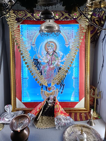 A colorful poster of Goddess Lakshmi surrounded by lotus flowers and golden coins symbolizing prosperity.