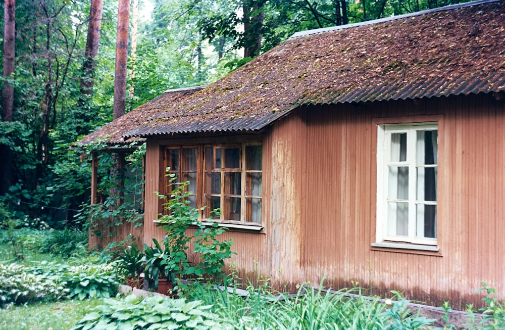 a small wooden cabin in the middle of a forest