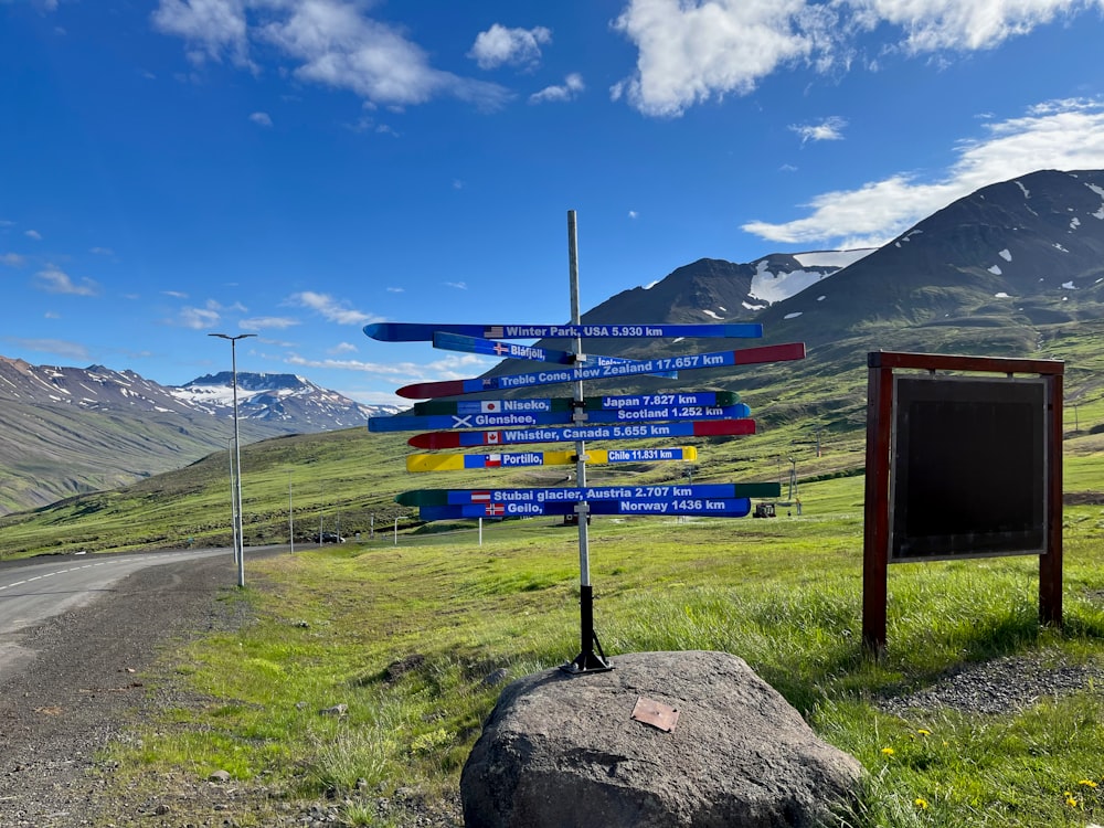 a bunch of signs on a pole by a road