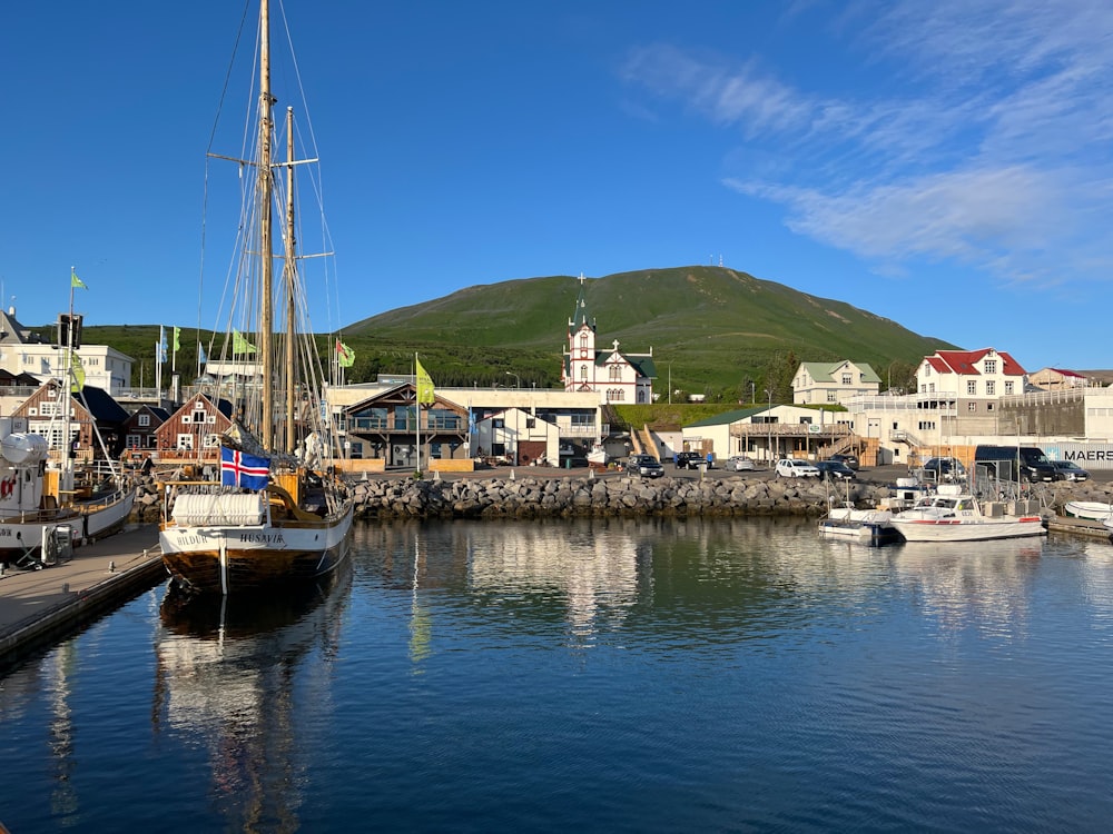 a harbor filled with lots of boats next to a mountain