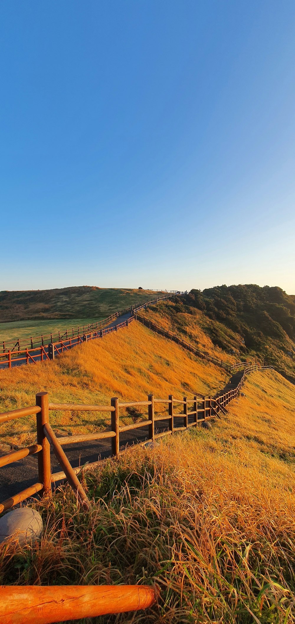 a wooden fence on the side of a hill