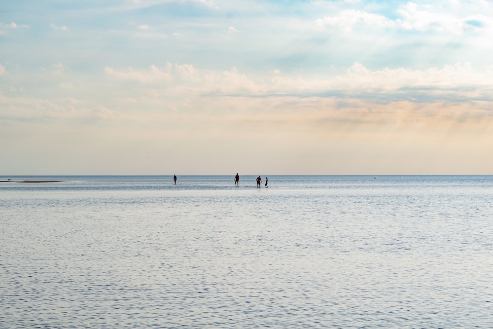 a group of people standing in the middle of a large body of water