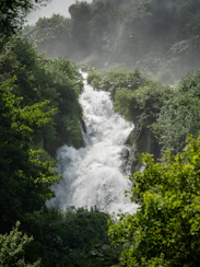 The powerful cascade of Victoria Falls surrounded by lush green rainforest.