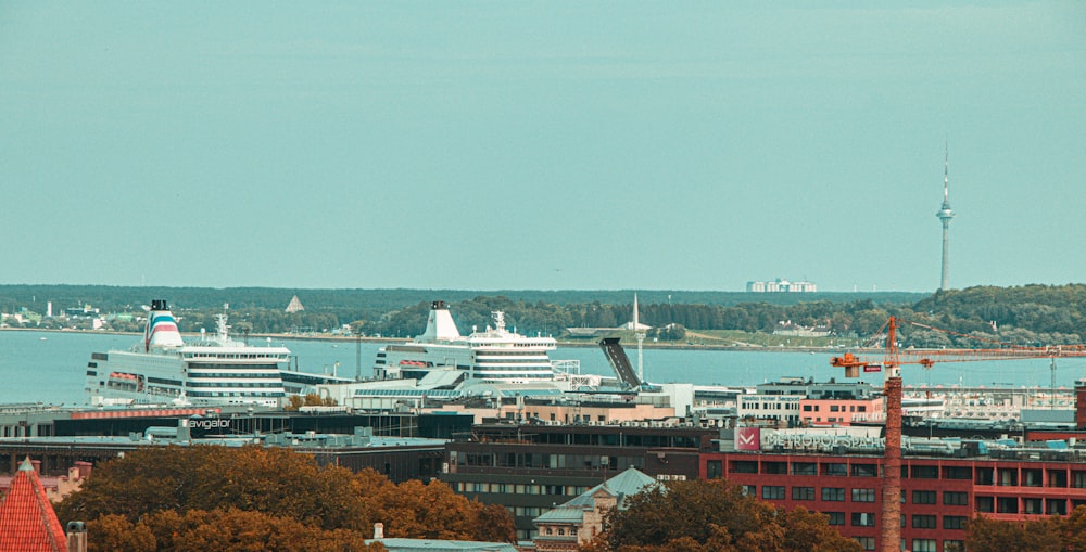 a large cruise ship docked in a harbor