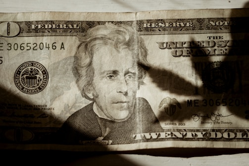 A US twenty-dollar bill with a portrait in the center. The bill has intricate designs and markings, including serial numbers and official seals. There is a shadow cast over a portion of the bill.