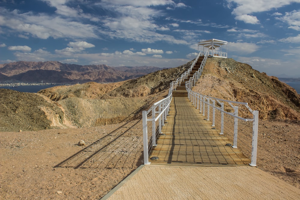 a wooden walkway with a metal railing on top of a mountain