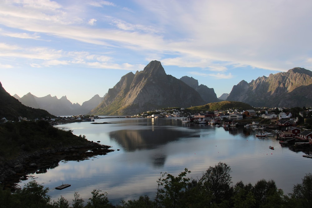 a lake surrounded by mountains under a blue sky