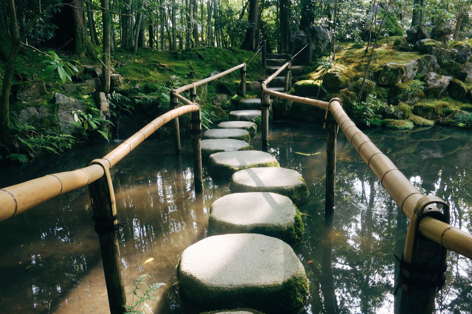 Evenly spaced stone steps crossing a still pond, illustrating how a prop firm consistency rule needs profit spread across many days instead of carried by one