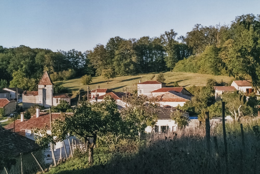 a view of a village with a hill in the background