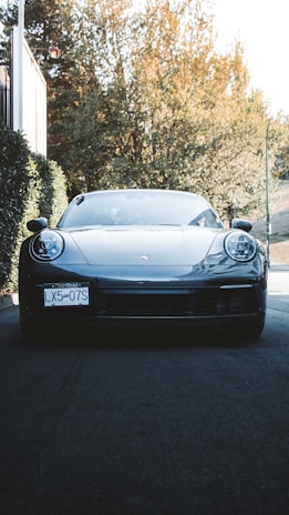 A clean, shiny car parked in a sunlit driveway surrounded by greenery.