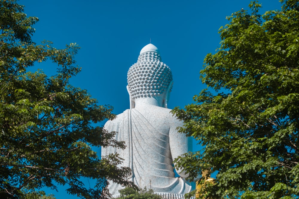 a large white buddha statue surrounded by trees