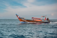 A small wooden boat with an orange canopy sails across a calm blue ocean. The boat has lettering on its side and a person steering at the rear. The sky is partly cloudy with a light blue hue.