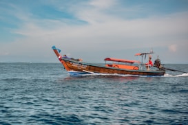 A small wooden boat with an orange canopy sails across a calm blue ocean. The boat has lettering on its side and a person steering at the rear. The sky is partly cloudy with a light blue hue.