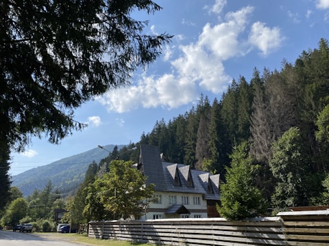 A picturesque scene featuring a large house with a unique roof design, nestled among a dense forest of pine trees. The backdrop includes a scenic view of mountains under a clear sky dotted with fluffy white clouds. A wooden fence runs along the bottom of the image, and a paved road is visible on the left side.