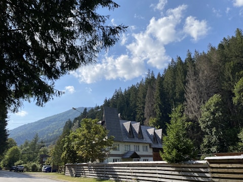 A picturesque scene featuring a large house with a unique roof design, nestled among a dense forest of pine trees. The backdrop includes a scenic view of mountains under a clear sky dotted with fluffy white clouds. A wooden fence runs along the bottom of the image, and a paved road is visible on the left side.