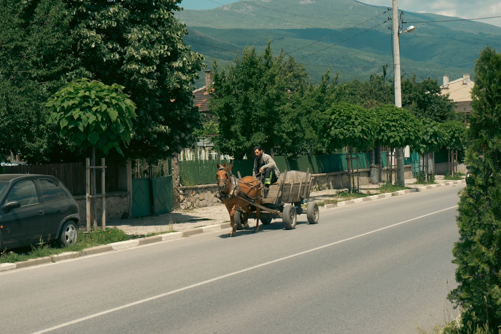 a horse pulling a cart down a street