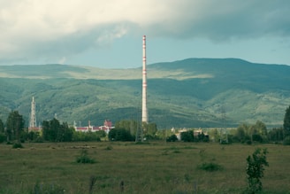 A large industrial chimney rises against a backdrop of expansive green hills and forests under a soft, cloudy sky. The foreground features an open grassy field with scattered shrubs, while the industrial complex is partially visible, surrounded by trees.