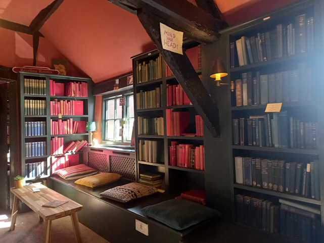 A vibrant, cozy multilingual space filled with colorful books, happy families, and lively cultural decorations.