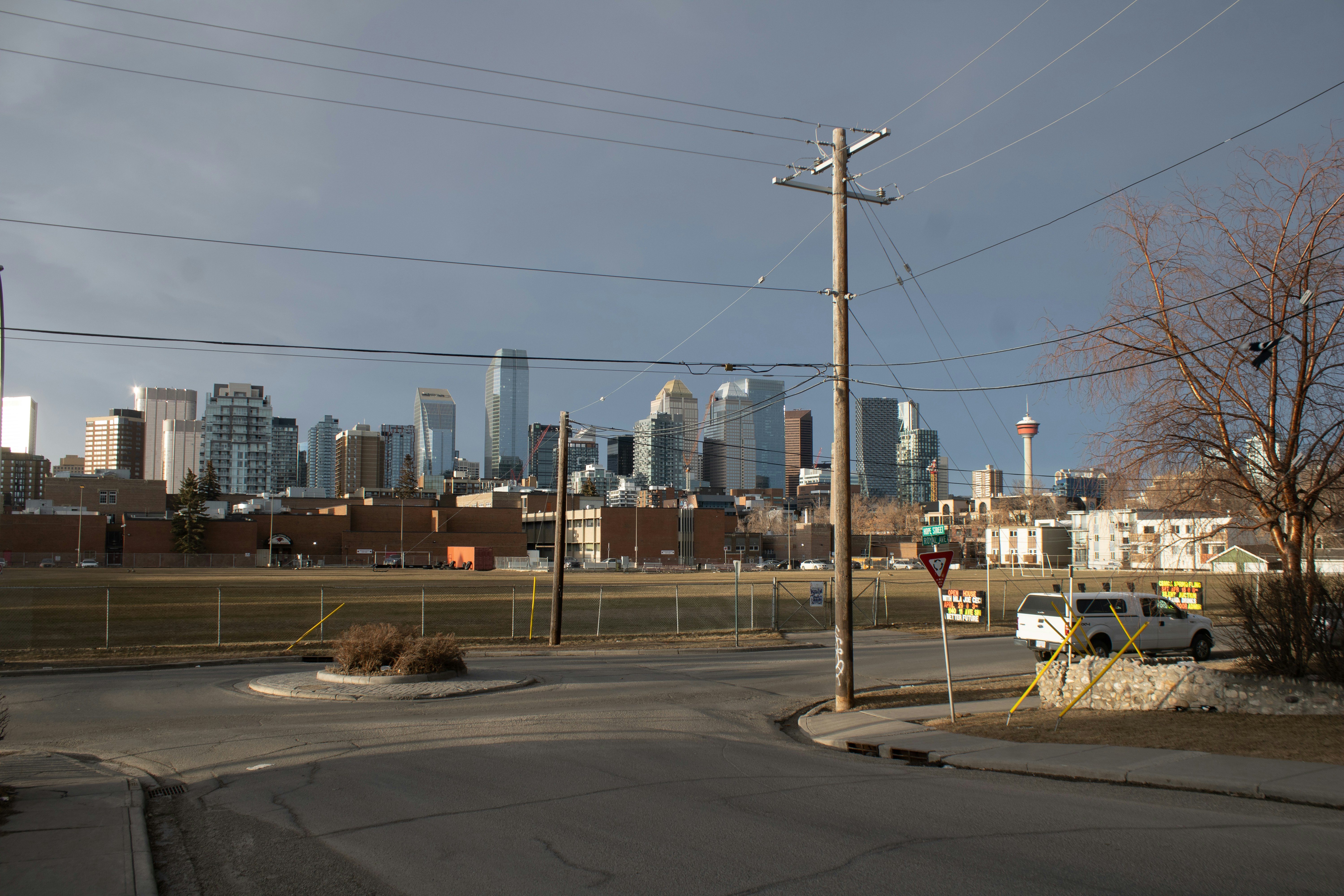 a view of a city from a street corner