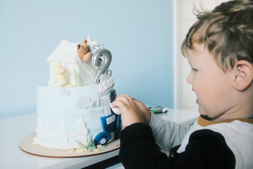 a young boy decorating a baby's first birthday cake