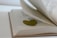 An open book with pages slightly turned, holding a small, dried leaf in the middle. The text is in English and appears to be in a poetic or literary style.