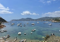 A scenic coastal view featuring numerous boats floating on a tranquil blue sea under a clear sky with some clouds. The shoreline is bordered by rocky hills covered in greenery. Several people are seen near the shoreline, engaging in water activities. The overall setting conveys a peaceful and leisurely atmosphere.