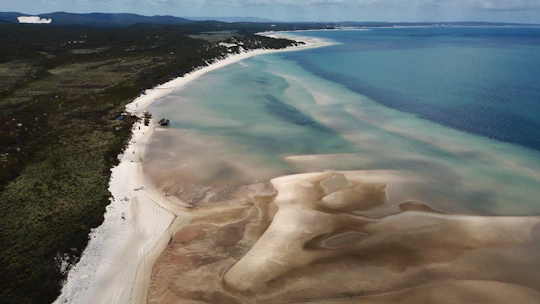 Aerial view of pristine Andros island coastline showcasing turquoise waters and untouched beaches.