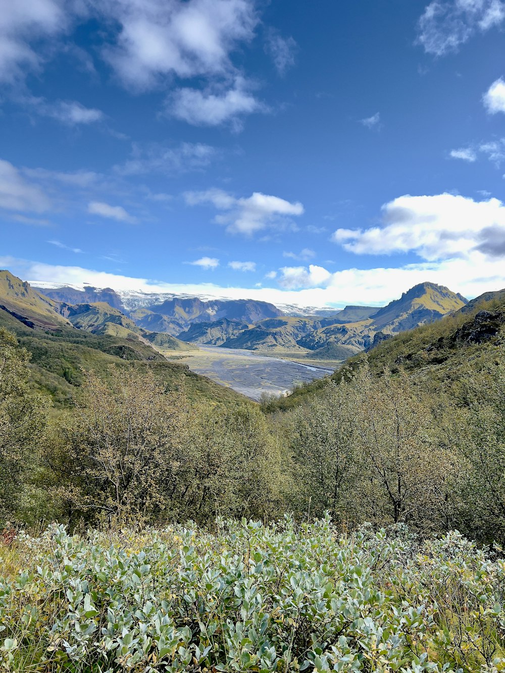 a view of a valley with mountains in the background