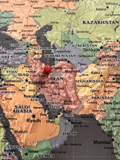 a map of the middle east with a pin in it