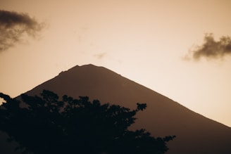 A mountain peak is silhouetted against a warm, light-filled sky. The image features the outline of a tree in the foreground and a few scattered clouds adding depth to the sky.