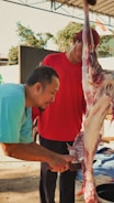 Two men are involved in the process of cutting meat from an animal carcass. One man, wearing a blue shirt, is focused on using a knife to separate the meat. The other man is in a red shirt, holding up the carcass for support. They are under a covered area, with trees visible in the background.