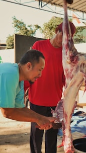 Two men are involved in the process of cutting meat from an animal carcass. One man, wearing a blue shirt, is focused on using a knife to separate the meat. The other man is in a red shirt, holding up the carcass for support. They are under a covered area, with trees visible in the background.
