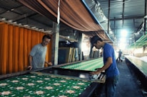 Two individuals are working together in a fabric printing workshop. They are engaged in hand-printing a long piece of fabric with a floral pattern. The workshop is lined with textiles, and a bright light shines in from the distance, illuminating part of the workspace. The environment appears industrial with a focus on traditional craftsmanship.