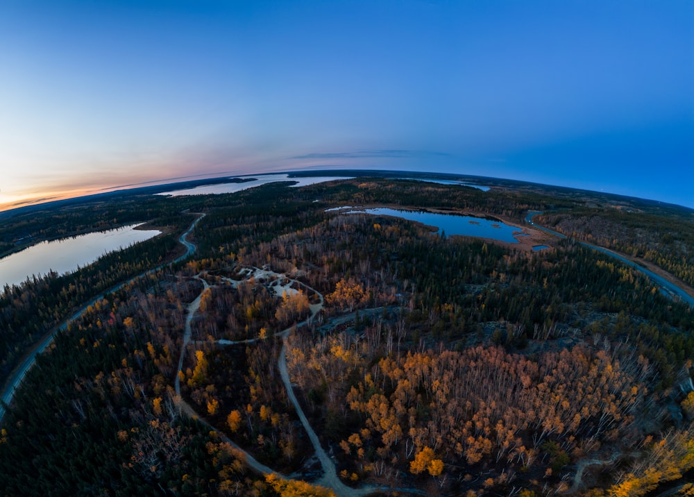 an aerial view of a lake surrounded by trees