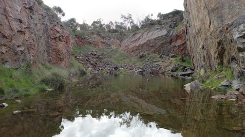 A serene quarry scene with steep rock walls and a calm pond at the bottom. The area is surrounded by greenery, including grass and small shrubs, with scattered rocks and boulders adding a rugged texture to the landscape. Trees can be seen at the top, indicating elevated terrain.