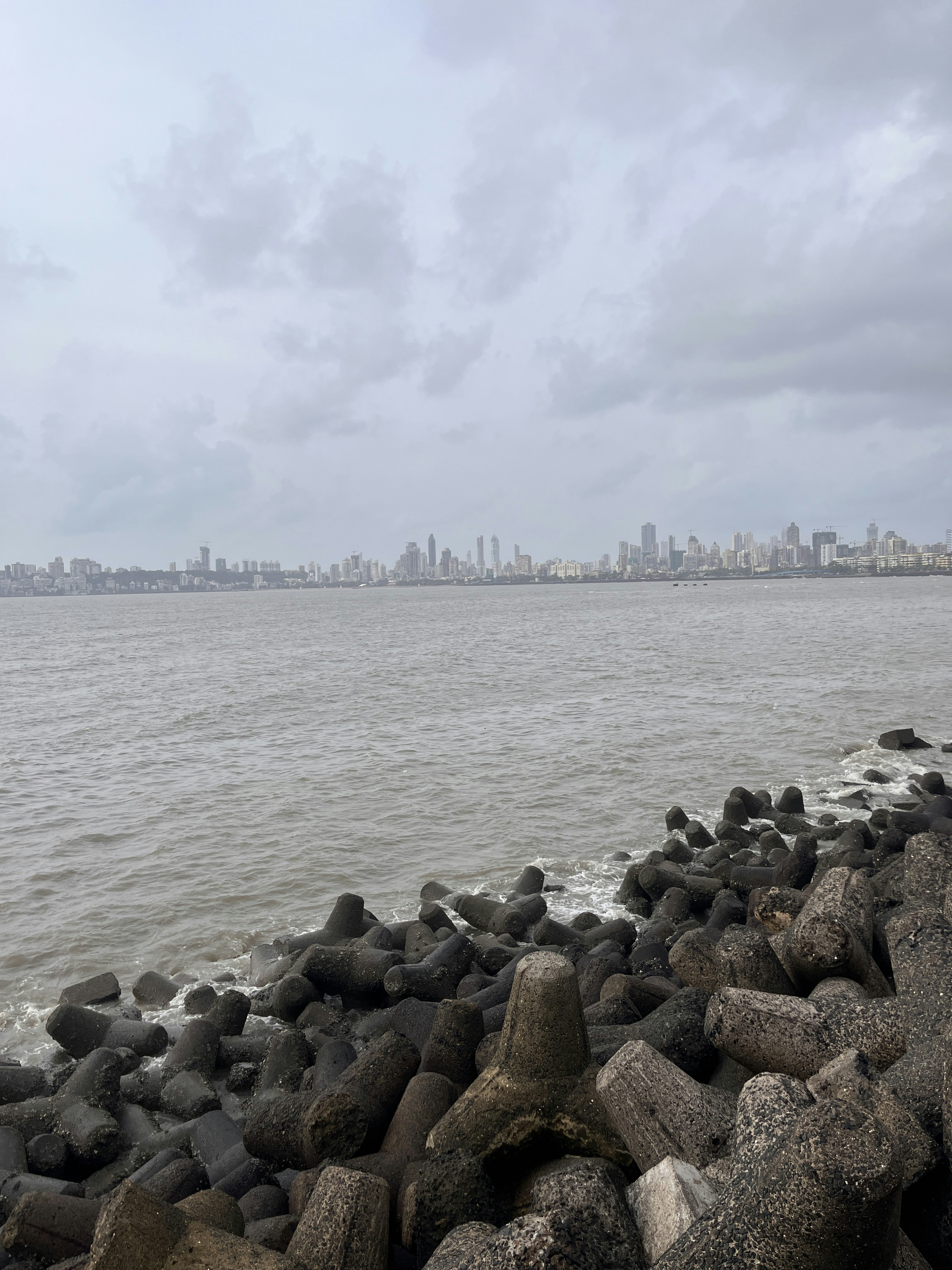 a large body of water with a city in the background