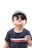 A young child wearing dark sunglasses and a blue-striped cap stands against a light background. The child is also wearing a dark blue t-shirt with a red and white stripe across the chest that contains the text 'Tommy Hilfiger'. The expression appears relaxed and confident.