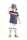 A young child is wearing a navy blue t-shirt with a red and white stripe design, paired with white shorts that have blue stripes at the bottom. The child is accessorized with a striped blue and white cap worn backward, sunglasses, and colorful slip-on shoes. The child is striking a pose with one hand adjusting the cap, exuding a sense of confidence.