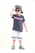 A young child is wearing a navy blue t-shirt with a red and white stripe design, paired with white shorts that have blue stripes at the bottom. The child is accessorized with a striped blue and white cap worn backward, sunglasses, and colorful slip-on shoes. The child is striking a pose with one hand adjusting the cap, exuding a sense of confidence.