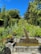 A garden landscape features a cascade of water descending a series of stone steps, surrounded by vibrant greenery and colorful flowers. Tall, lush trees frame the scene against a bright blue sky, creating a serene and picturesque environment.